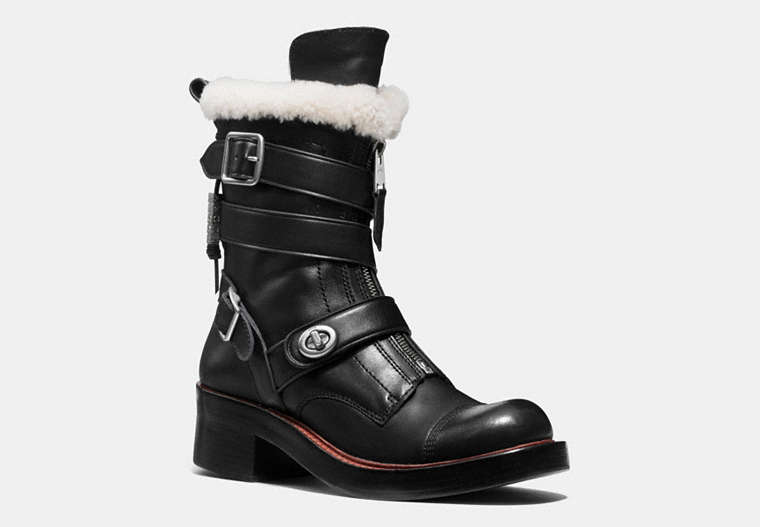 COACH®,ZIP MOTO BOOT,Leather,Black/Natural,Front View