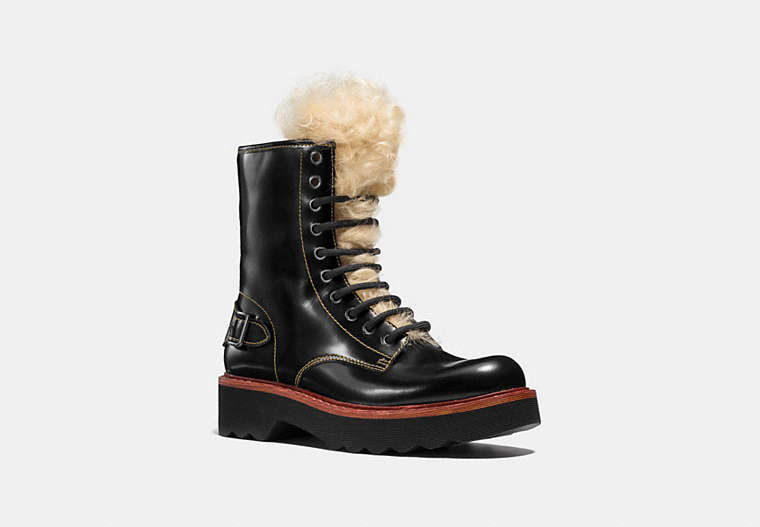 COACH®,MOTO HIKER BOOT WITH SHEARLING,Leather,Black,Front View