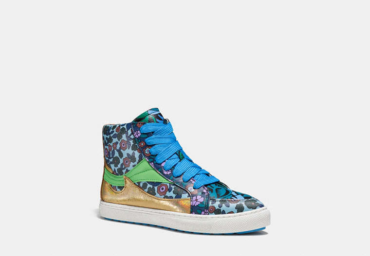 COACH®,C203 POINTY TOE HIGH TOP SNEAKER,Leather,Mist/Gold Hologram,Front View