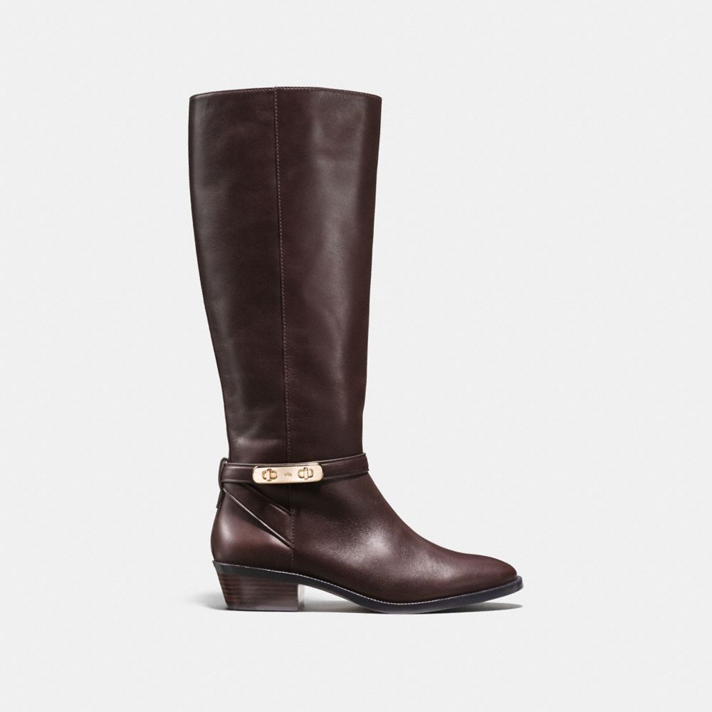 COACH®,CAROLINE SWAGGER BOOT,Leather,Chestnut,Angle View