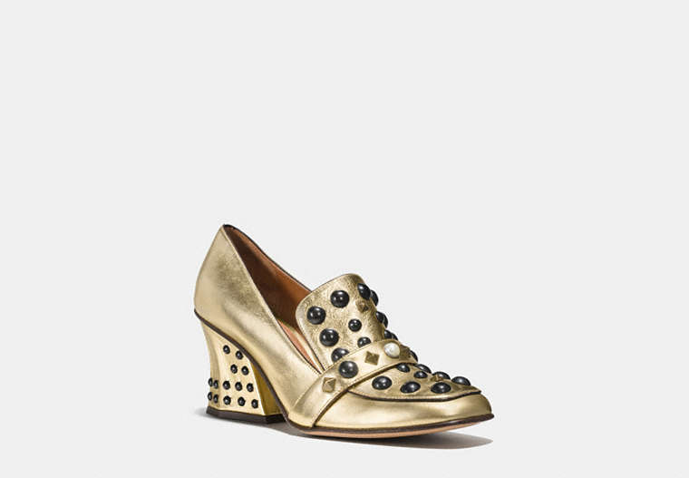 COACH®,HIGH VAMP LOAFER WITH STUDS,Leather,Gold,Front View