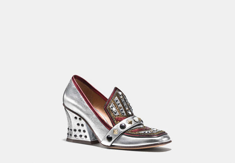 COACH®,HIGH VAMP LOAFER WITH SHIELD,Leather,Silver/Red,Front View
