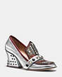 COACH®,HIGH VAMP LOAFER WITH SHIELD,Leather,Silver/Red,Front View