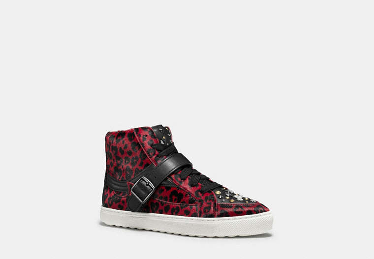 COACH®,C203 HIGH TOP SNEAKER WITH STUDS,Leather,RED BLACK/BLACK,Front View