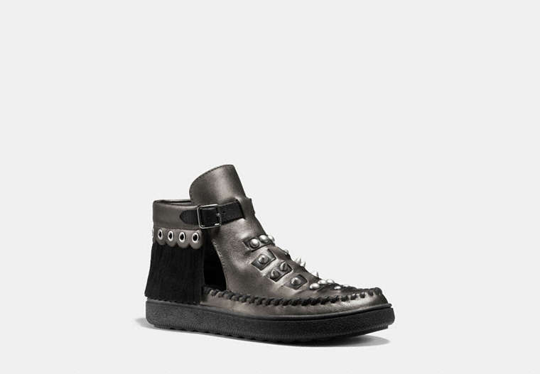 COACH®,ROCCASIN CUT OUT SNEAKER,Leather,Gunmetal Black/Black,Front View