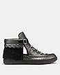 COACH®,ROCCASIN CUT OUT SNEAKER,Leather,Gunmetal Black/Black,Angle View