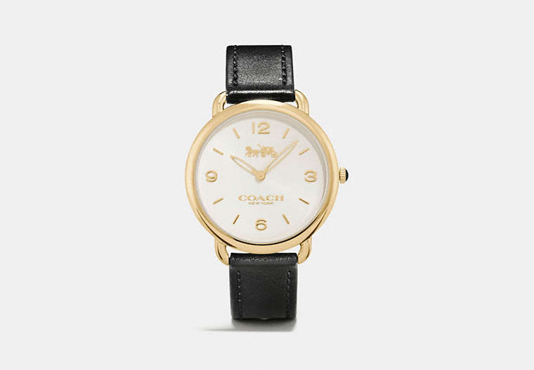 COACH®,DELANCEY SLIM WATCH, 36MM,Leather,Black/Gold,Front View