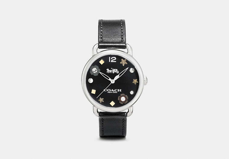 COACH®,DELANCEY WATCH WITH CHARM DIAL, 36MM,Leather,Black,Front View