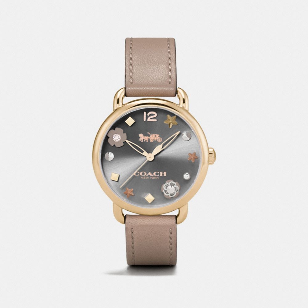 COACH®,DELANCEY WATCH WITH CHARM DIAL, 36MM,Leather,STONE,Front View
