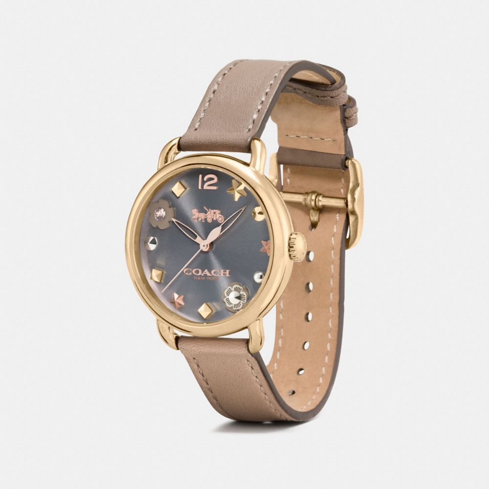 COACH®,DELANCEY WATCH WITH CHARM DIAL, 36MM,Leather,STONE,Angle View