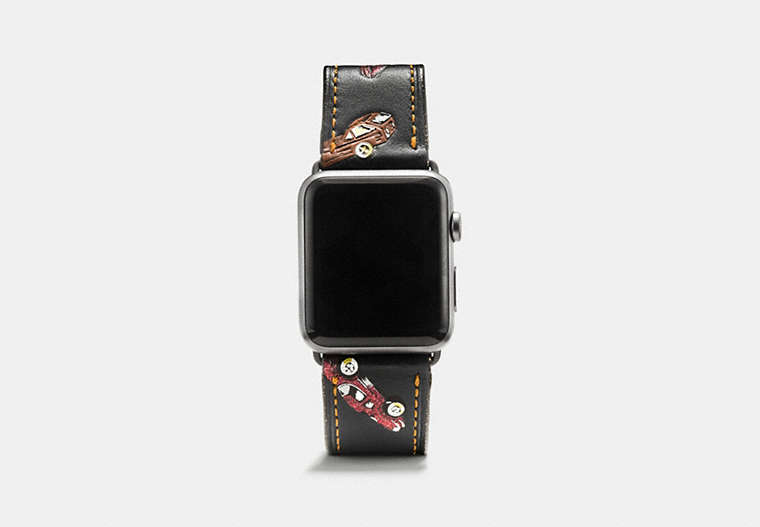 COACH®,APPLE WATCH® STRAP WITH CAR PRINT,Leather,Black,Front View