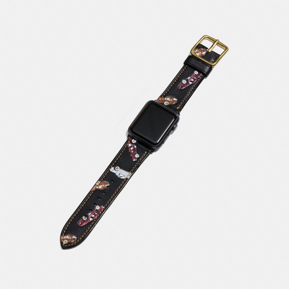 COACH®,APPLE WATCH® STRAP WITH CAR PRINT,Leather,Black,Angle View