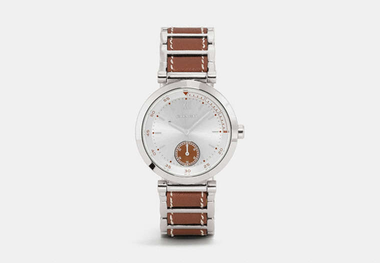 COACH®,1941 SPORT STAINLESS STEEL LEATHER LINK BRACELET WATCH,Mixed Material,Saddle,Front View