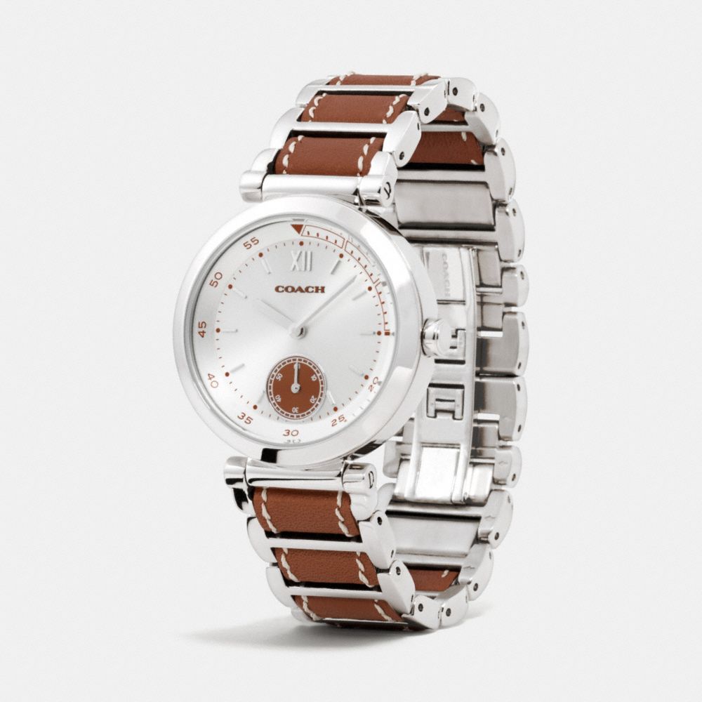 COACH®,1941 SPORT STAINLESS STEEL LEATHER LINK BRACELET WATCH,Mixed Material,Saddle,Angle View