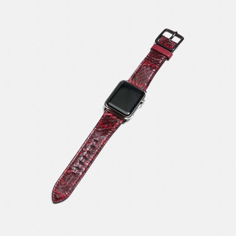 COACH®,APPLE WATCH® STRAP IN SNAKESKIN,Leather,Bordeaux,Angle View