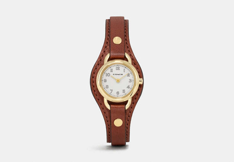 COACH®,DREE GOLD PLATED LEATHER BUCKLE CUFF WATCH,Leather,Saddle,Front View