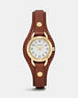 COACH®,DREE GOLD PLATED LEATHER BUCKLE CUFF WATCH,Leather,Saddle,Front View