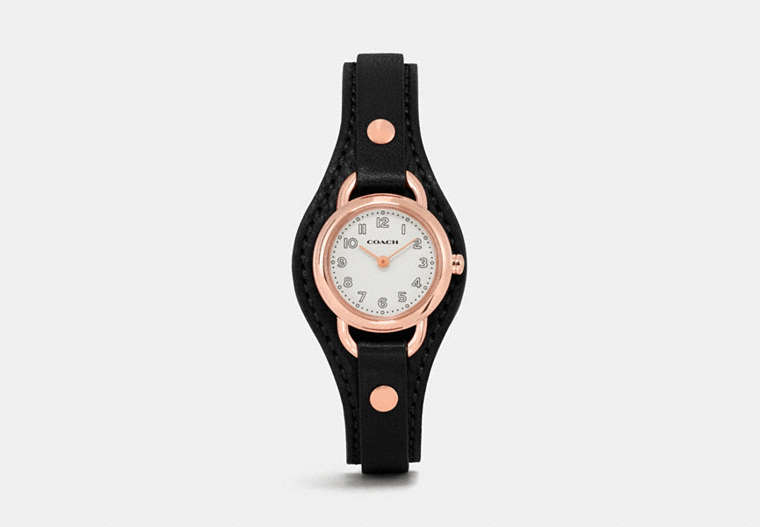 COACH®,DREE ROSE GOLD PLATED LEATHER BUCKLE CUFF WATCH,Leather,Black,Front View