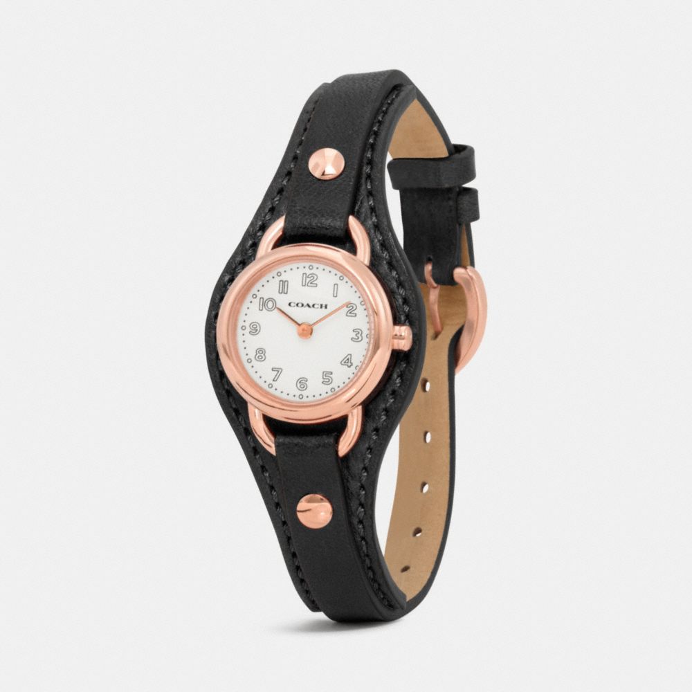 COACH®,Dree Rose Gold Plated Leather Buckle Cuff Watch,,Angle View