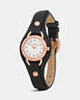 COACH®,DREE ROSE GOLD PLATED LEATHER BUCKLE CUFF WATCH,Leather,Black,Angle View