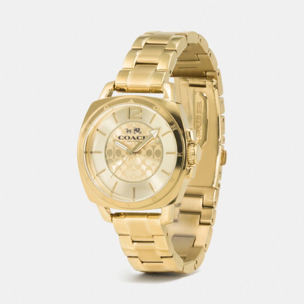 COACH®,BOYFRIEND SMALL GOLD PLATED BRACELET WATCH,Metal,Gold,Angle View
