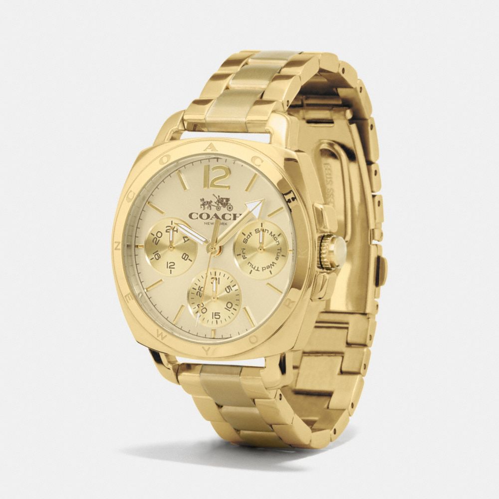 COACH®,Boyfriend 38 Mm Gold Plated Multifunction Bracelet Watch,,Angle View