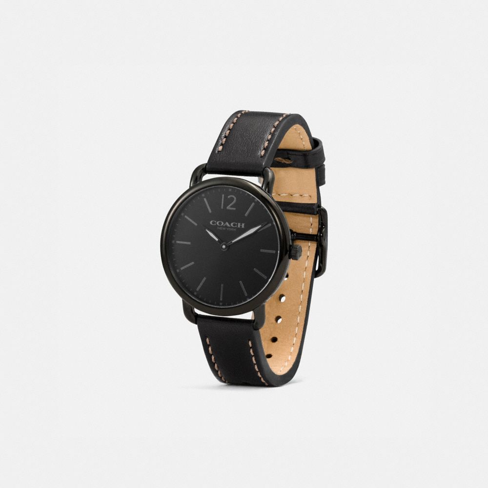 COACH®,DELANCEY SLIM WATCH, 40MM,Leather,Black/Gunmetal,Angle View