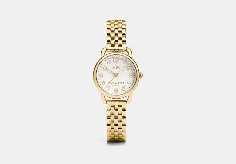 COACH®,DELANCEY 28MM GOLD PLATED BRACELET WATCH,Metal,Gold,Front View