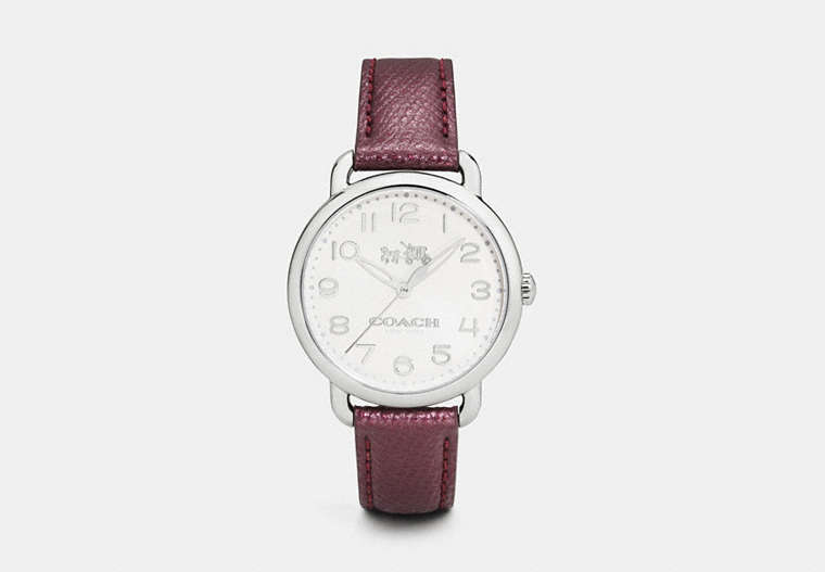 COACH®,DELANCEY 36MM STAINLESS STEEL LEATHER STRAP WATCH,Leather,BLACK CHERRY,Front View