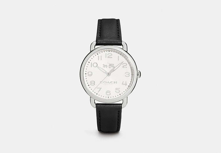 COACH®,DELANCEY 36MM STAINLESS STEEL LEATHER STRAP WATCH,Leather,Black,Front View