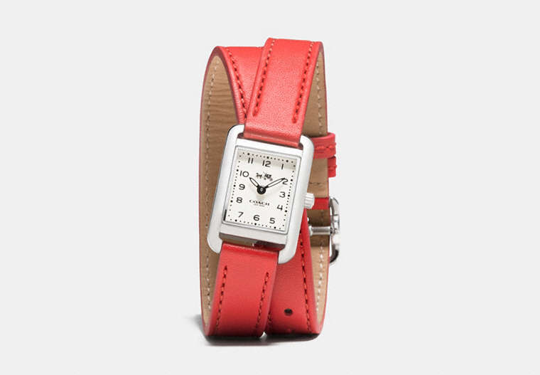 COACH®,THOMPSON STAINLESS STEEL DOUBLE WRAP WATCH,Leather,ORANGE,Front View