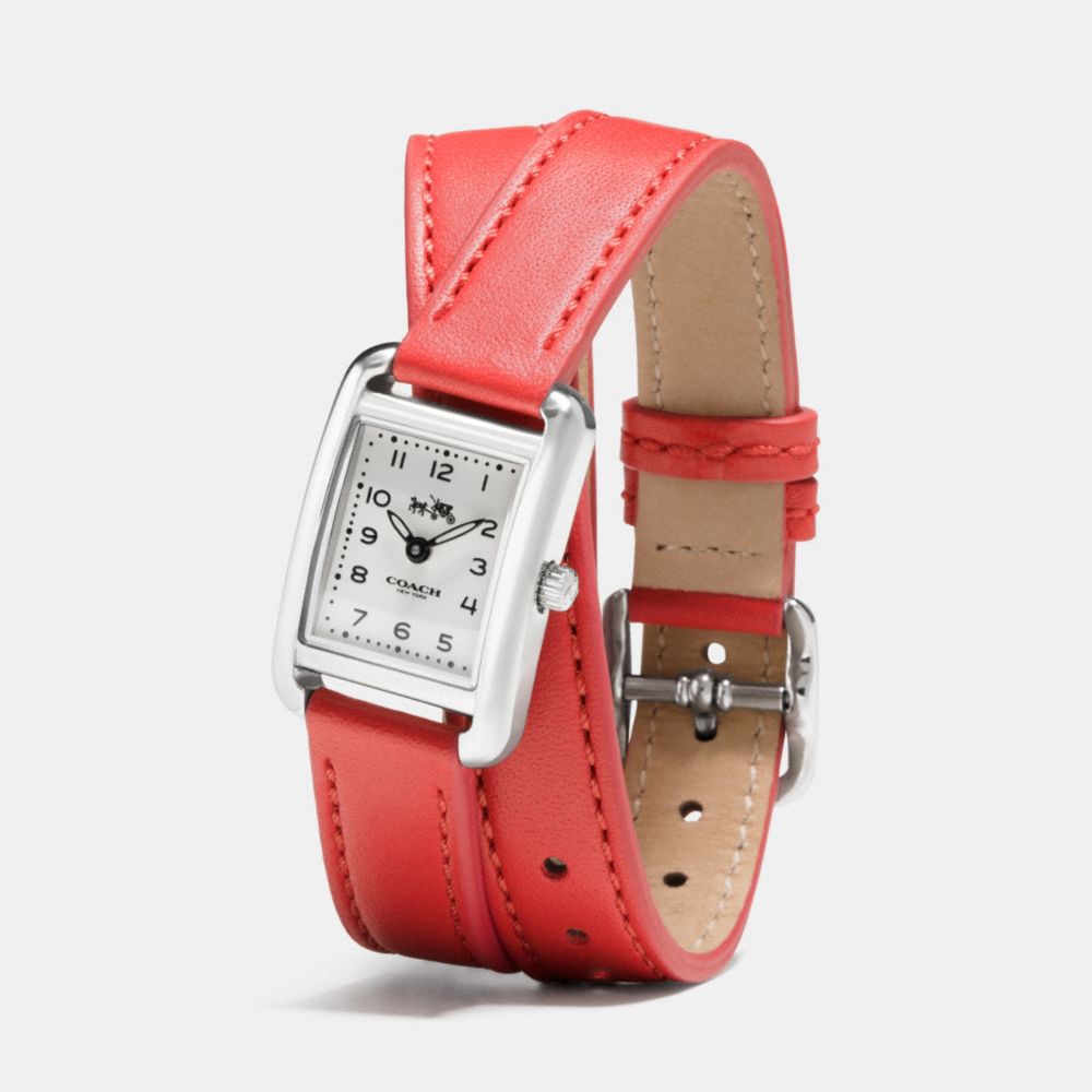 COACH®,THOMPSON STAINLESS STEEL DOUBLE WRAP WATCH,Leather,ORANGE,Angle View