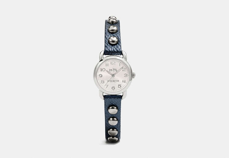 COACH®,DELANCEY STERLING SILVER STUDDED STRAP WATCH,Leather,METALLIC BLUE,Front View