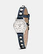 COACH®,DELANCEY STERLING SILVER STUDDED STRAP WATCH,Leather,METALLIC BLUE,Angle View