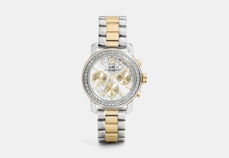 COACH®,LEGACY SPORT MULTIFUNCTION TWO TONE BRACELET WATCH,Metal,SILVER GOLD,Front View