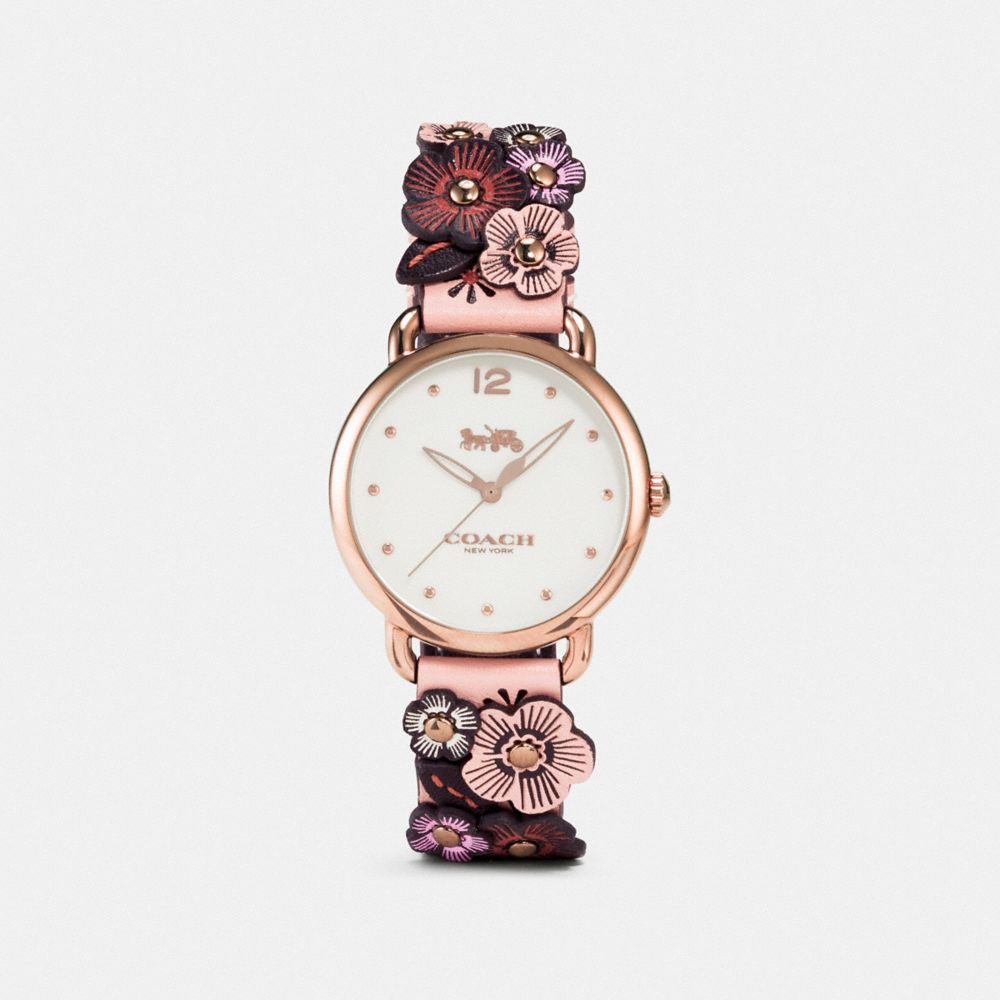 COACH®,DELANCEY WATCH WITH FLORAL APPLIQUE, 36MM,Leather,Nude Pink,Front View