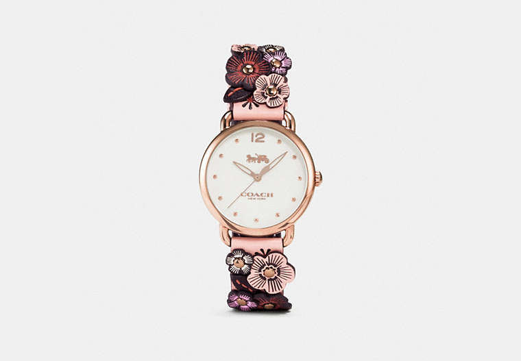 COACH®,DELANCEY WATCH WITH FLORAL APPLIQUE, 36MM,Leather,Nude Pink,Front View image number 0
