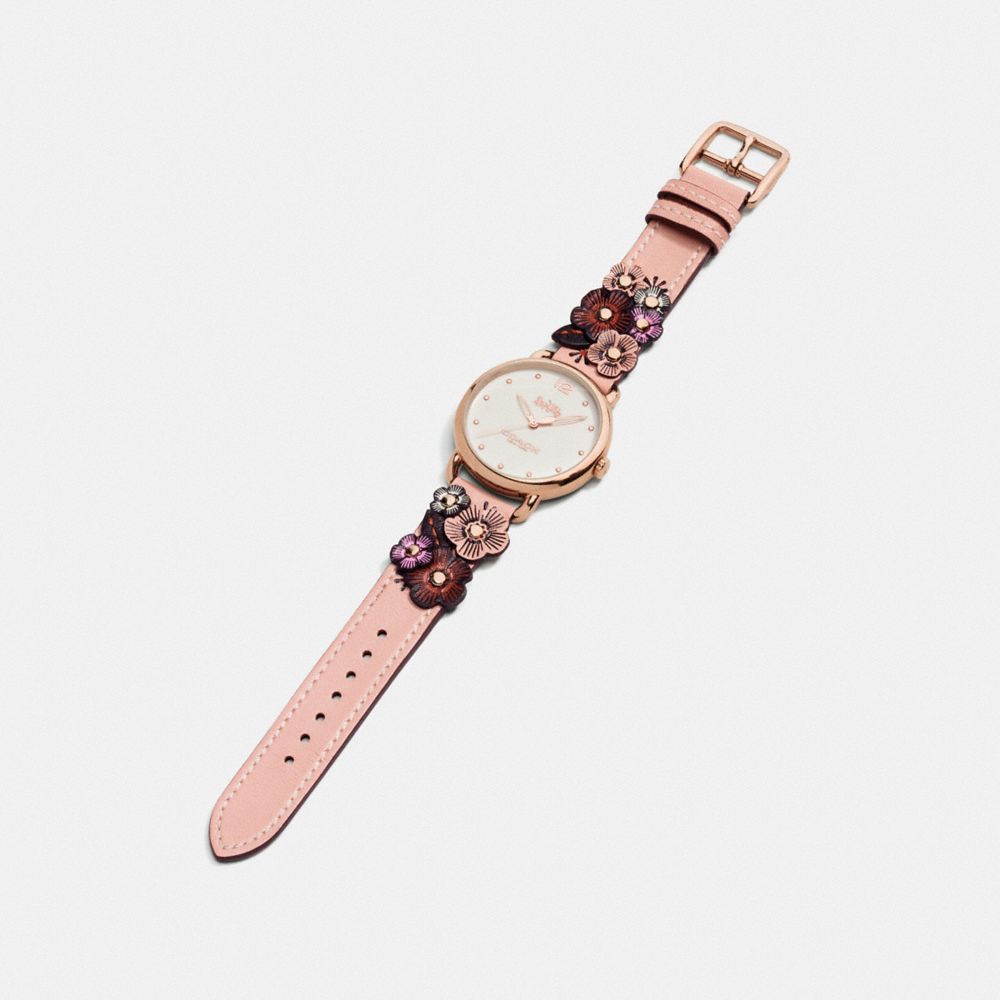 COACH®,DELANCEY WATCH WITH FLORAL APPLIQUE, 36MM,Leather,Nude Pink,Angle View