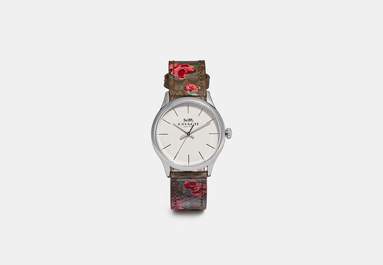 COACH®,RUBY WATCH, 32MM,Leather,Silver/KHAKI/PINK,Front View
