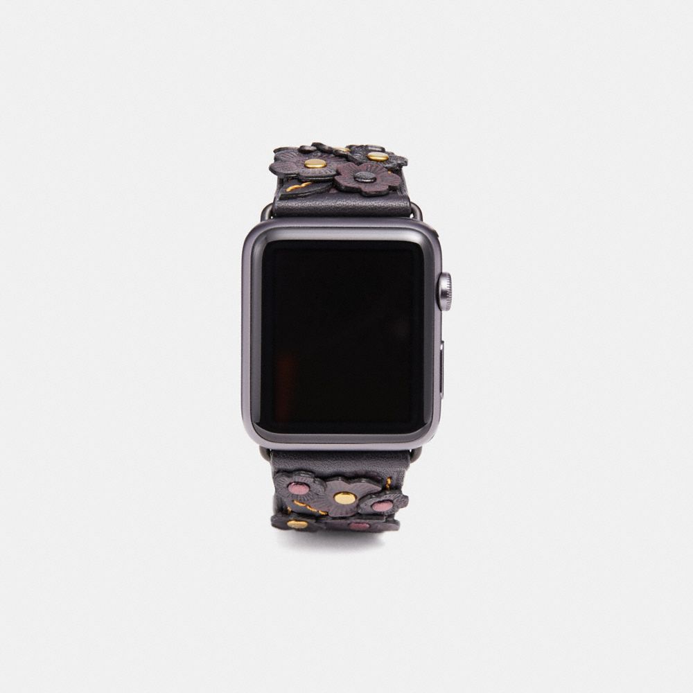 COACH®,APPLE WATCH® STRAP WITH TEA ROSE APPLIQUE, 42MM,Leather,Black,Front View