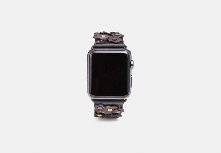 COACH®,APPLE WATCH® STRAP WITH TEA ROSE APPLIQUE, 42MM,Leather,Black,Front View