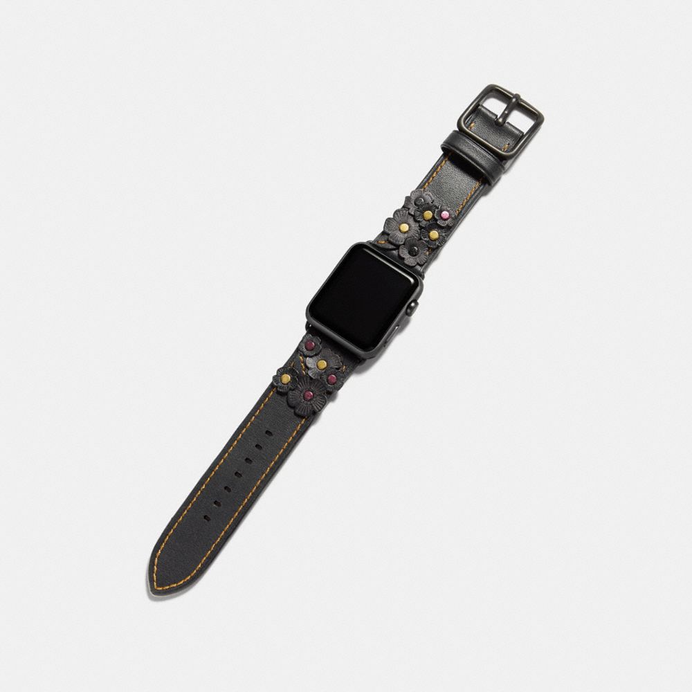 COACH®,APPLE WATCH® STRAP WITH TEA ROSE APPLIQUE, 42MM,Leather,Black,Angle View