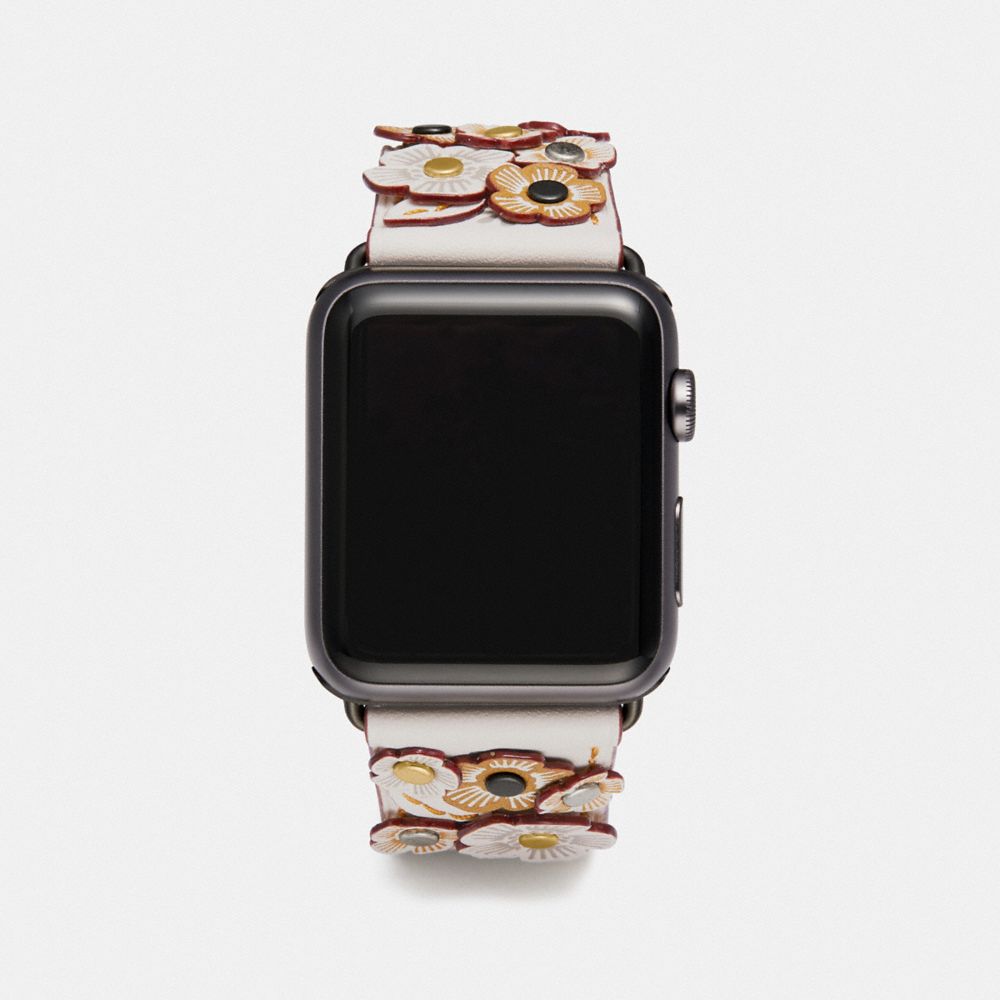 COACH®,APPLE WATCH® STRAP WITH TEA ROSE APPLIQUE, 42MM,Leather,Chalk,Front View image number 0