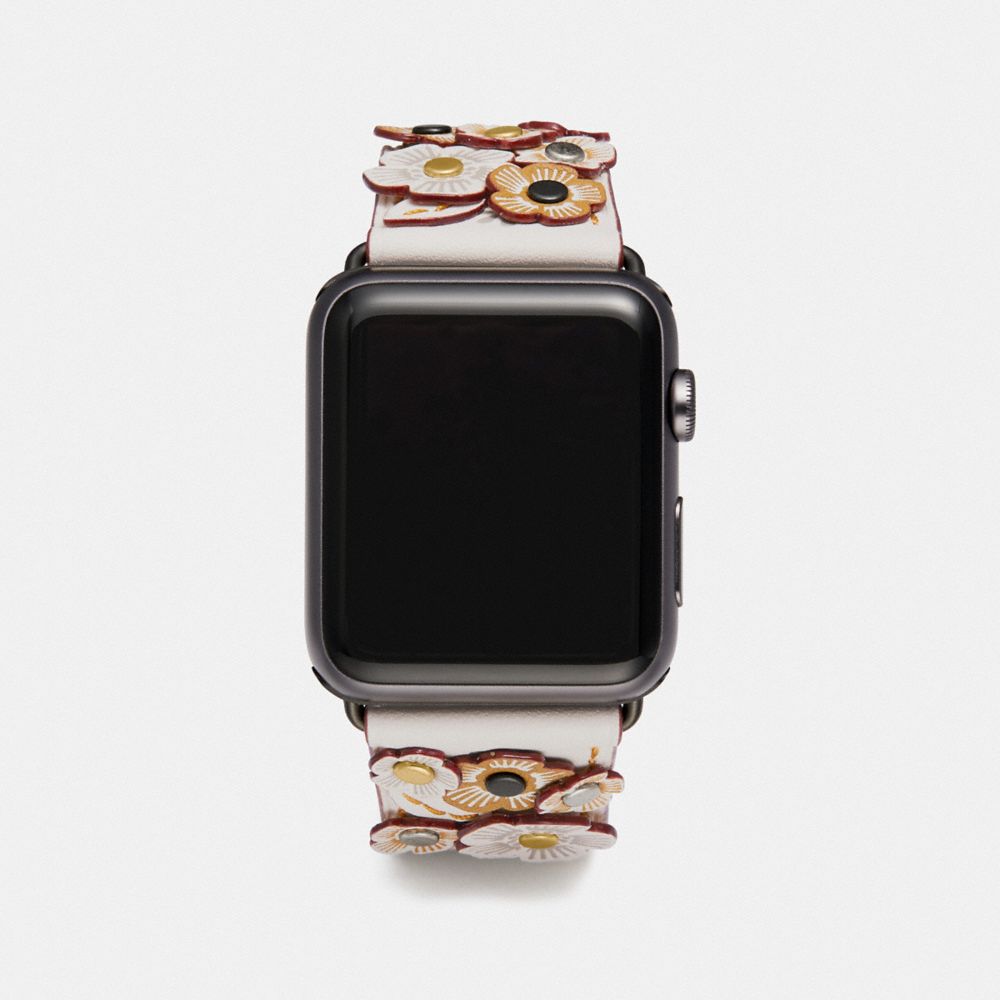 COACH®,APPLE WATCH® STRAP WITH TEA ROSE APPLIQUE, 42MM,Leather,Chalk,Front View