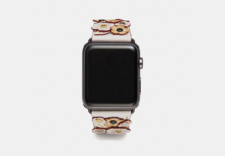 COACH®,APPLE WATCH® STRAP WITH TEA ROSE APPLIQUE, 42MM,Leather,Chalk,Front View