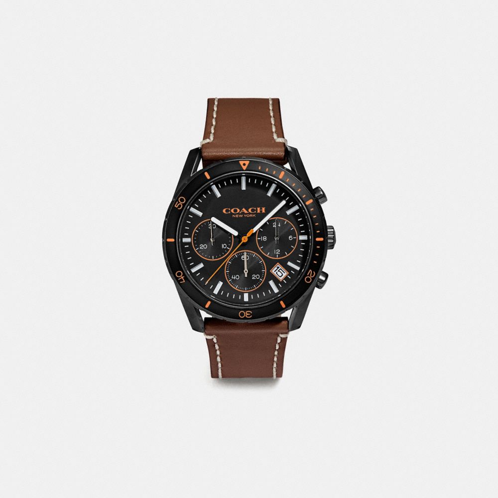 COACH®,THOMPSON SPORT WATCH, 41MM,Leather,Gunmetal/Saddle,Front View