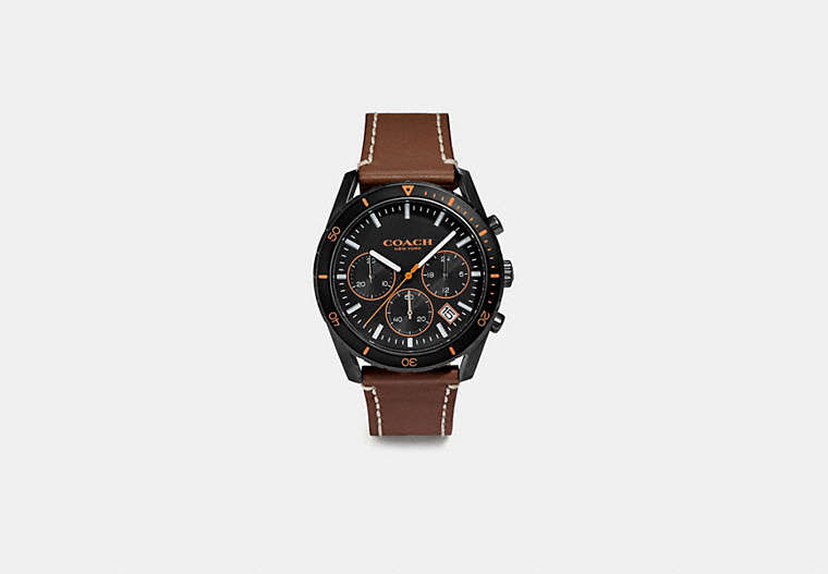 COACH®,THOMPSON SPORT WATCH, 41MM,Leather,Gunmetal/Saddle,Front View