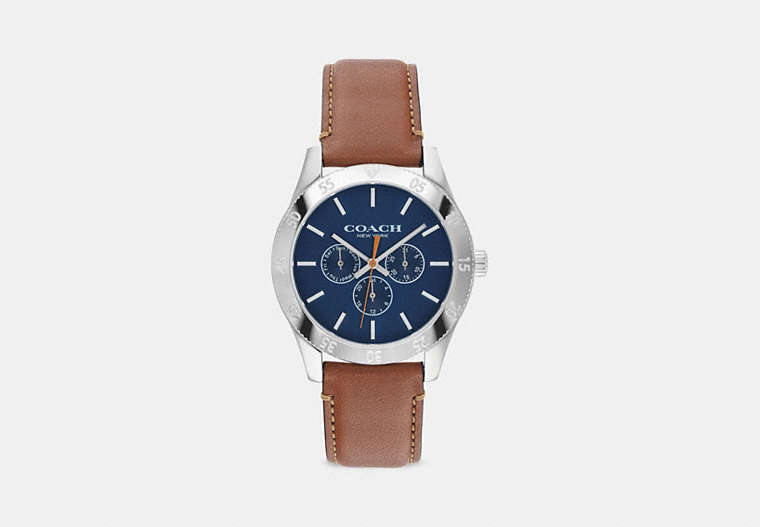 COACH®,CASEY WATCH, 42MM,Leather,Saddle,Front View