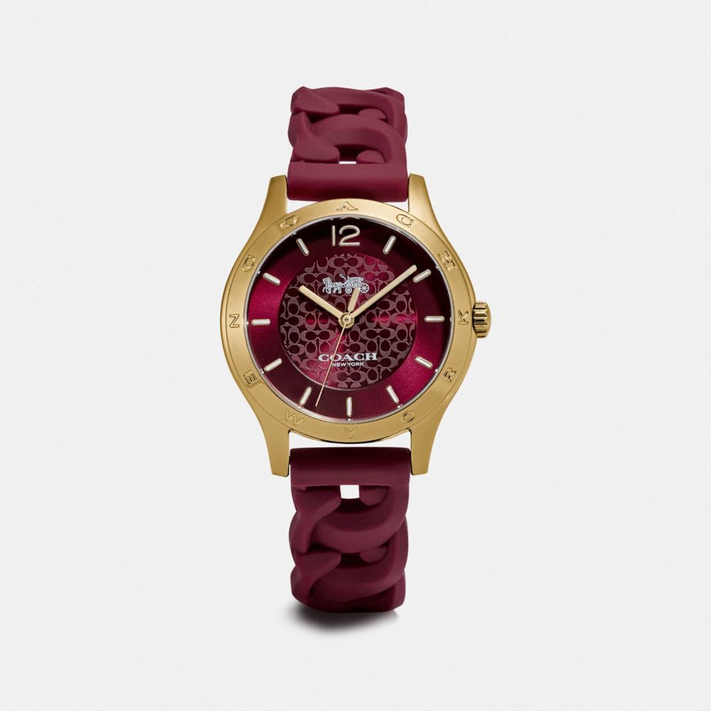 COACH®,MONTRE MADDY, 34 MM,Caoutchouc,Rhubarbe,Front View