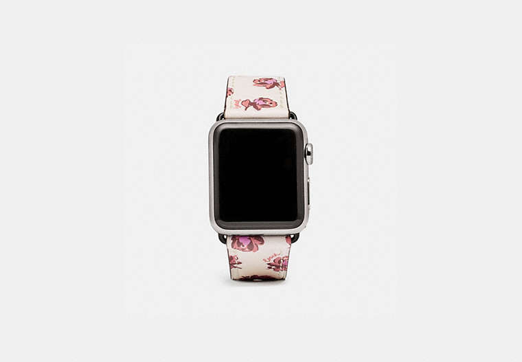 COACH®,APPLE WATCH® STRAP WITH FLORAL PRINT, 38MM,Leather,Chalk,Front View image number 0